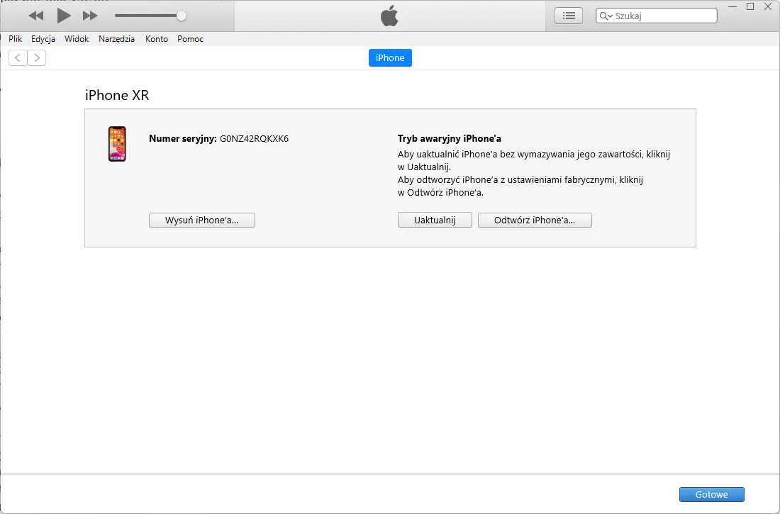 reset iPhone w aplikacji iTunes